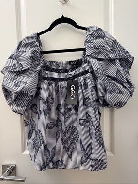 GIGIO Navy Floral Stripe Puff-Sleeve Blouse